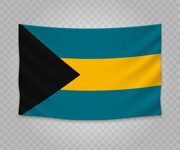 Bandiera Appesa Realistica Delle Bahamas Disegno Illustrazione Del Banner Tessuto — Vettoriale Stock