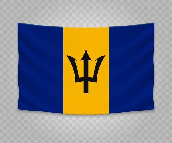 Bandiera Realistica Appesa Delle Barbados Disegno Illustrazione Del Banner Tessuto — Vettoriale Stock