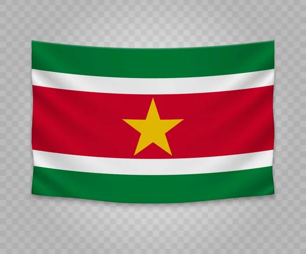 Realistische Hangende Vlag Van Suriname Ontwerp Van Illustratie Van Banner — Stockvector