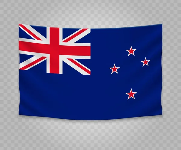 Bandiera Appesa Realistica Della Nuova Zelanda Disegno Illustrazione Del Banner — Vettoriale Stock
