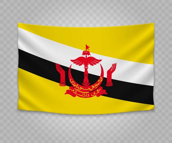 Bandera Colgante Realista Brunei Diseño Ilustración Banner Tela Vacía — Vector de stock