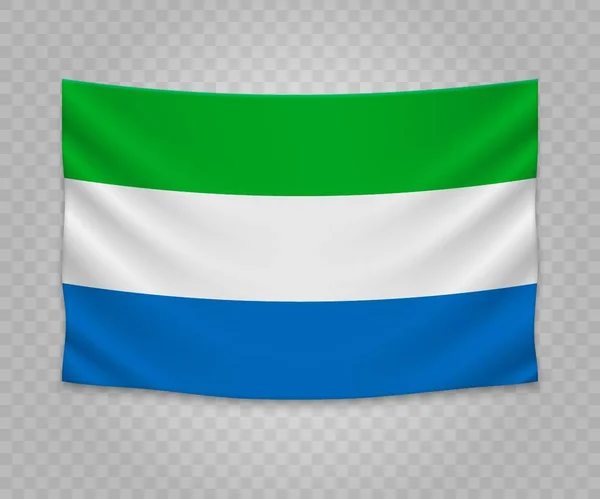 Realistyczny Wisi Flaga Sierra Leone Projekt Pusty Tkanina Transparent Ilustracja — Wektor stockowy