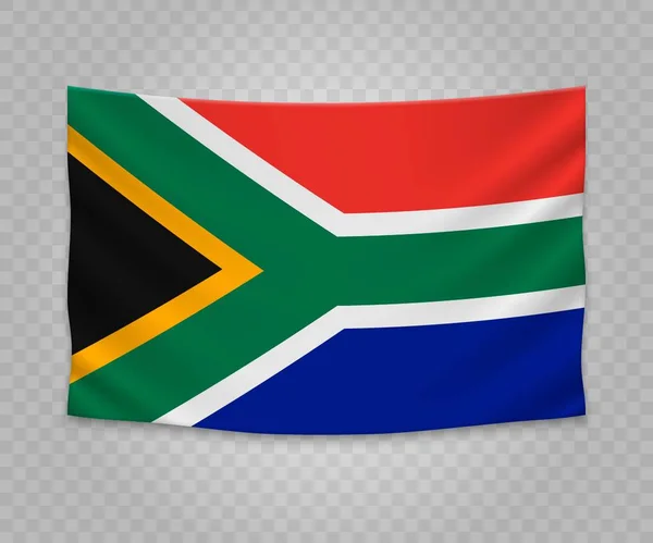 Realistické Visí Vlajka Jihoafrické Republiky Prázdné Tkaniny Banner Ilustrace Design — Stockový vektor