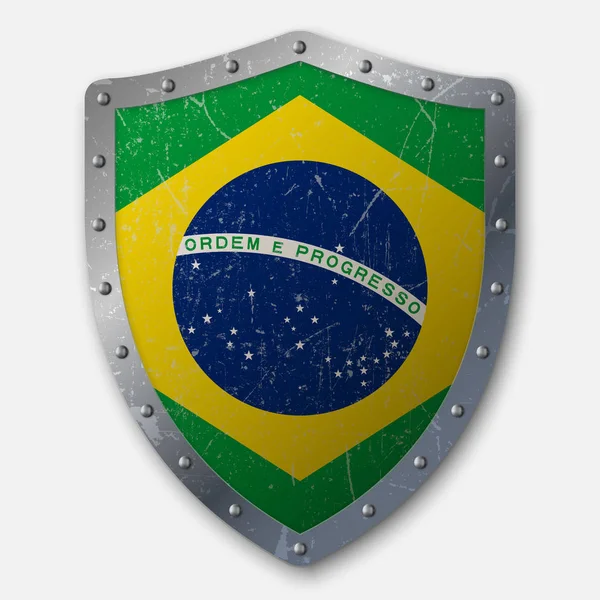 Старый Щит Флагом Бразилии Векторная Иллюстрация — стоковый вектор