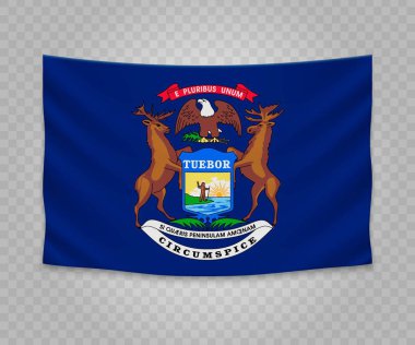 Michigan gerçekçi asılı bayrağı. ABD devlet. Boş kumaş banner illüstrasyon tasarımı.
