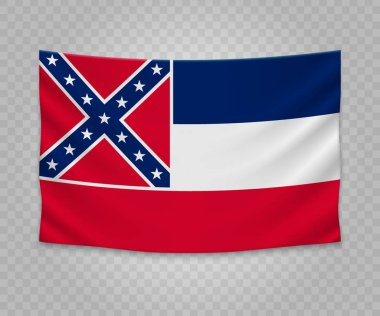 Mississippi gerçekçi asılı bayrağı. ABD devlet. Boş kumaş banner illüstrasyon tasarımı.