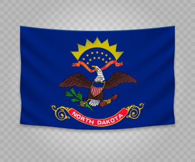 Kuzey Dakota bayrağı asılı gerçekçi. ABD devlet. Boş kumaş banner illüstrasyon tasarımı.