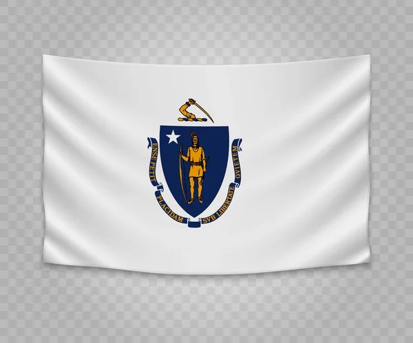 Bandiera Realistica Appesa Del Massachusetts Stato Degli Stati Uniti Disegno — Vettoriale Stock