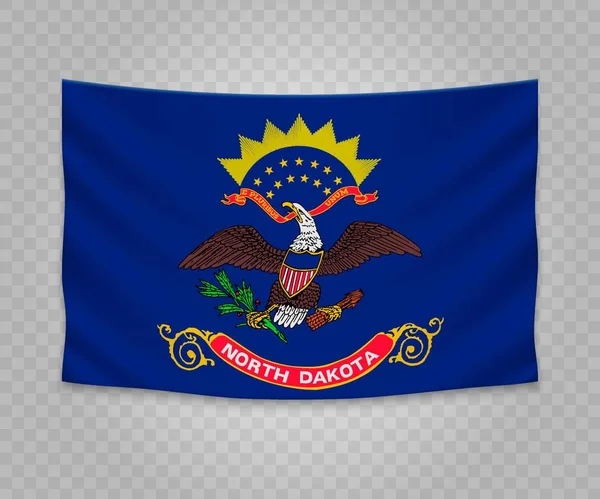 Kuzey Dakota bayrağı asılı gerçekçi. ABD devlet. Boş kumaş banner illüstrasyon tasarımı.