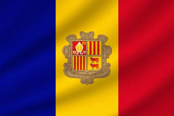 Bandera Nacional Andorra Sobre Tejido Ondulado Algodón Ilustración Vectorial Realista — Vector de stock