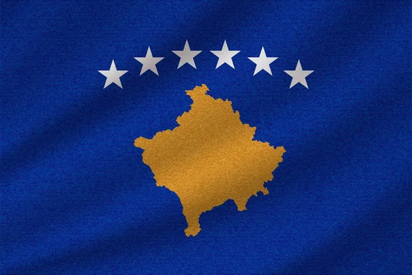 Bandiera Nazionale Del Kosovo Tessuto Cotone Ondulato Illustrazione Vettoriale Realistica — Vettoriale Stock