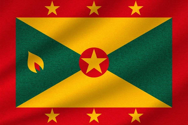 Nationale Vlag Van Grenada Golvende Katoenweefsel Realistische Vectorillustratie — Stockvector