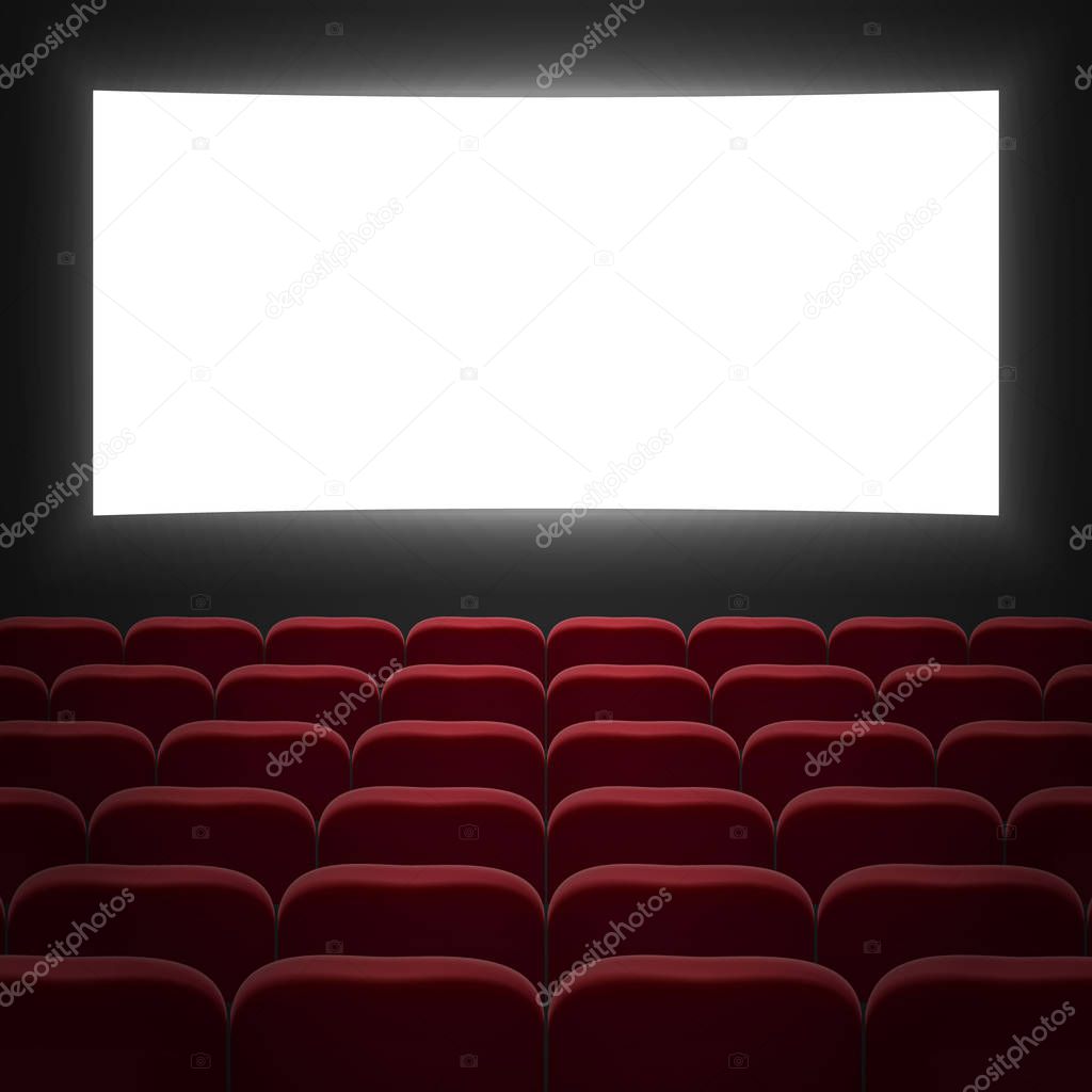 movie cinema hall with white screen and red row chairs