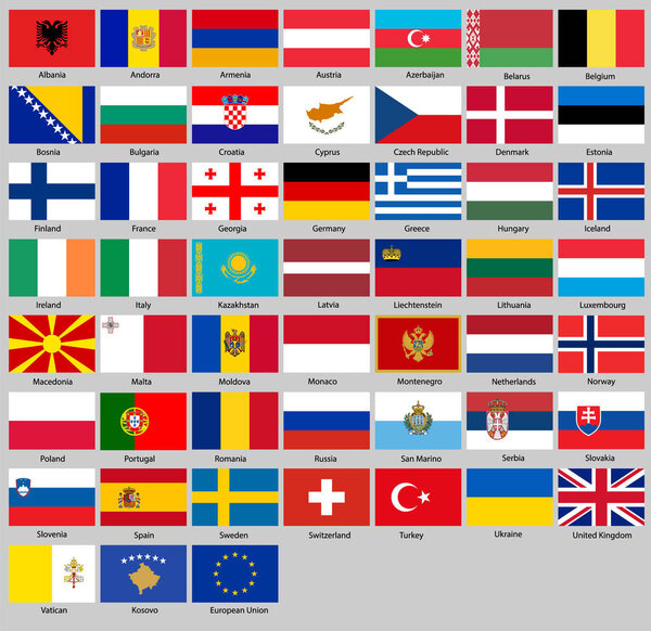 Vector illustration of different countries flags set. All flags Europe