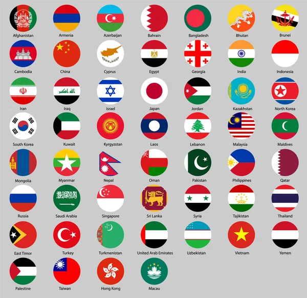 Ilustración Vectorial Del Conjunto Banderas Diferentes Países Banderas Redondas Asia — Vector de stock