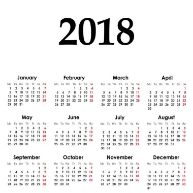 2018 yıl, vektör, illüstrasyon için basit Takvim düzeni