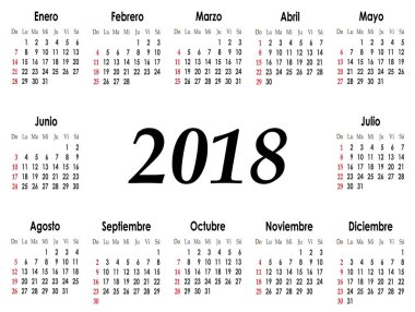 2018 yıl, vektör, illüstrasyon için basit Takvim düzeni