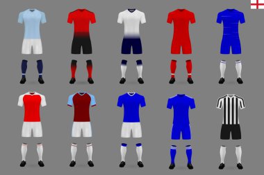 İngiliz futbol takımı 2018-19, t-shirt şablonu ayarlayın. futbol forma. Vektör çizim
