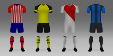 3d gerçekçi şablon futbol forma Atletico, Borussia, Monako, Brugge kümesi. t-shirt pantolon ve çorap salonu zemin üzerinde. Mockup futbol takımının tek tip 