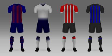 3d gerçekçi şablon futbol forma Barcelona, Tottenham, Psv, Inter. t-shirt pantolon ve çorap salonu zemin ile kümesi. Mockup futbol takımının tek tip 
