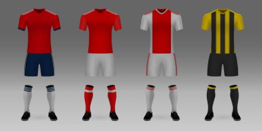 3d gerçekçi şablon futbol forma Bayern, Benfica, Ajax, Aek kümesi. t-shirt pantolon ve çorap salonu zemin üzerinde. Mockup futbol takımının tek tip 