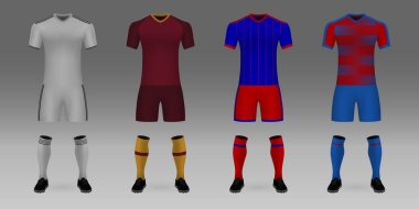 3d gerçekçi şablon futbol forma Real Madrid, Roma, CSKA Moskova, Victoria kümesi. t-shirt pantolon ve çorap salonu zemin üzerinde. Mockup futbol takımının tek tip 