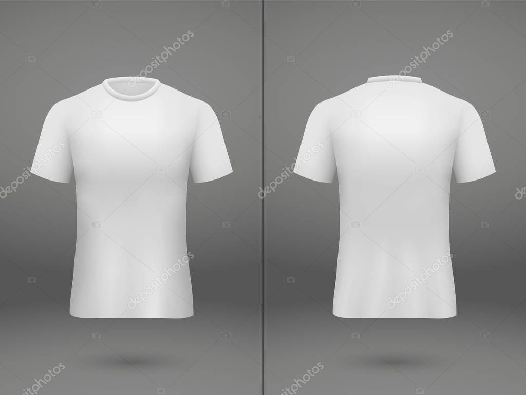 Realistic template soccer jersey t-shirt on shop backdrop. Mockup of football team uniform