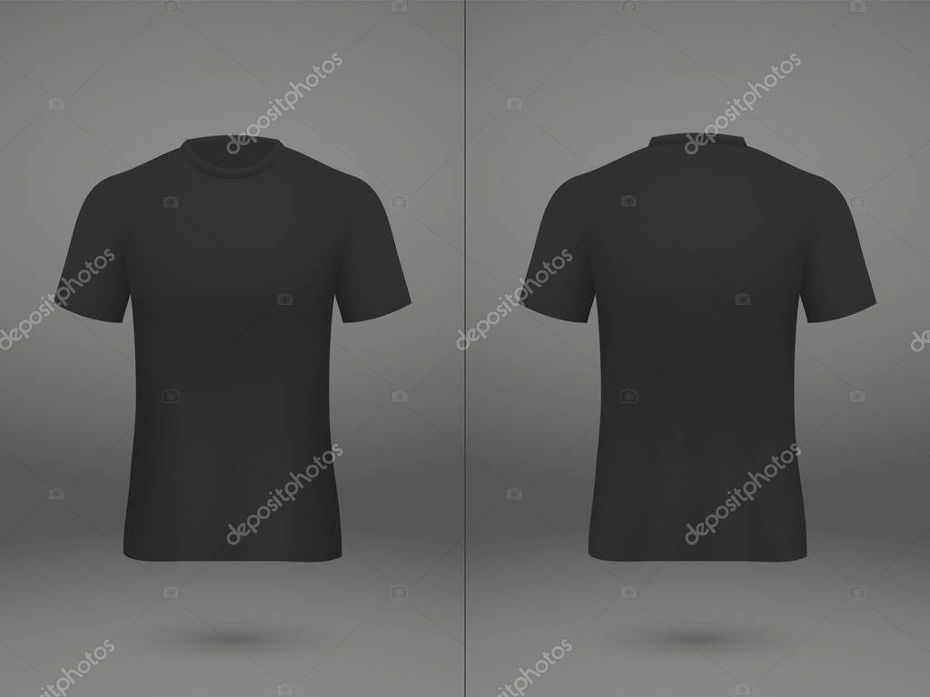 Realistic template soccer jersey t-shirt on shop backdrop. Mockup of football team uniform
