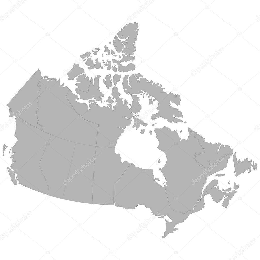 High quality map of Canada with borders of the regions on white backgroun