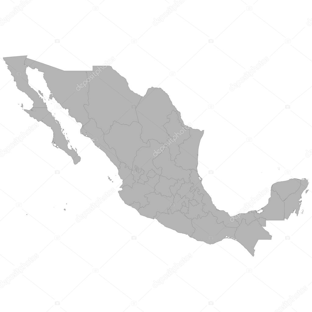 High quality map of Mexico with borders of the regions on white backgroun