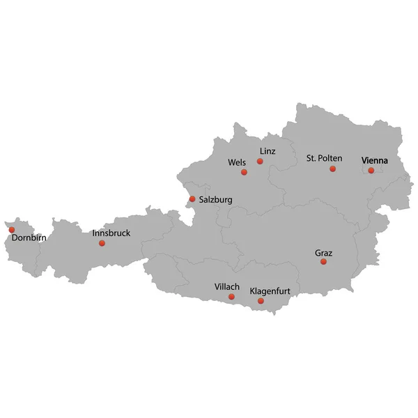 Gedetailleerde Kaart Van Oostenrijk Met Steden — Stockvector