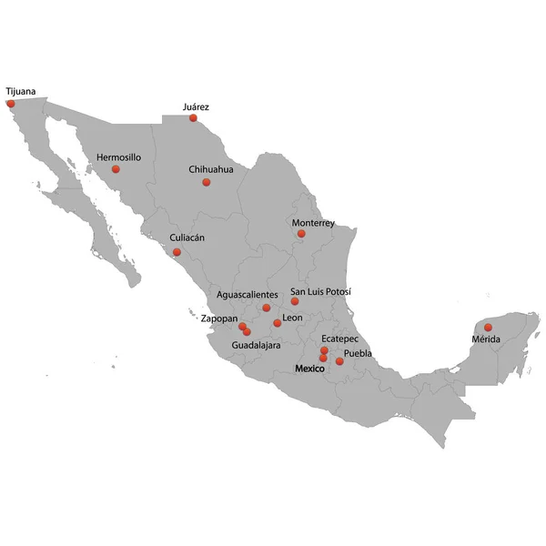 Mapa Detalhado México Com Cidades —  Vetores de Stock