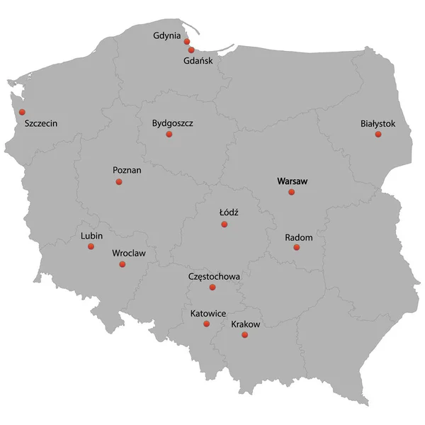 Mapa Detalhado Polónia Com Cidades —  Vetores de Stock