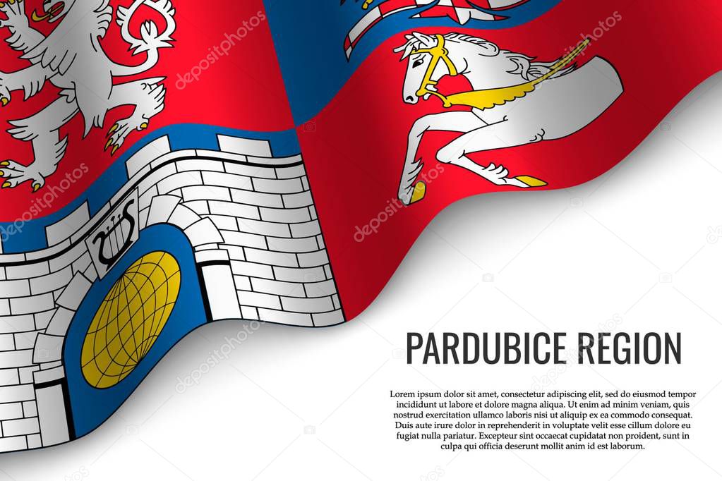 waving flag of Pardubice Region is a region of Czech Republic on white background. Template for banner or poster.