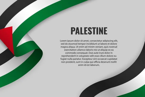 Nastro Sventolante Banner Con Bandiera Della Palestina Modello Progettazione Poster — Vettoriale Stock