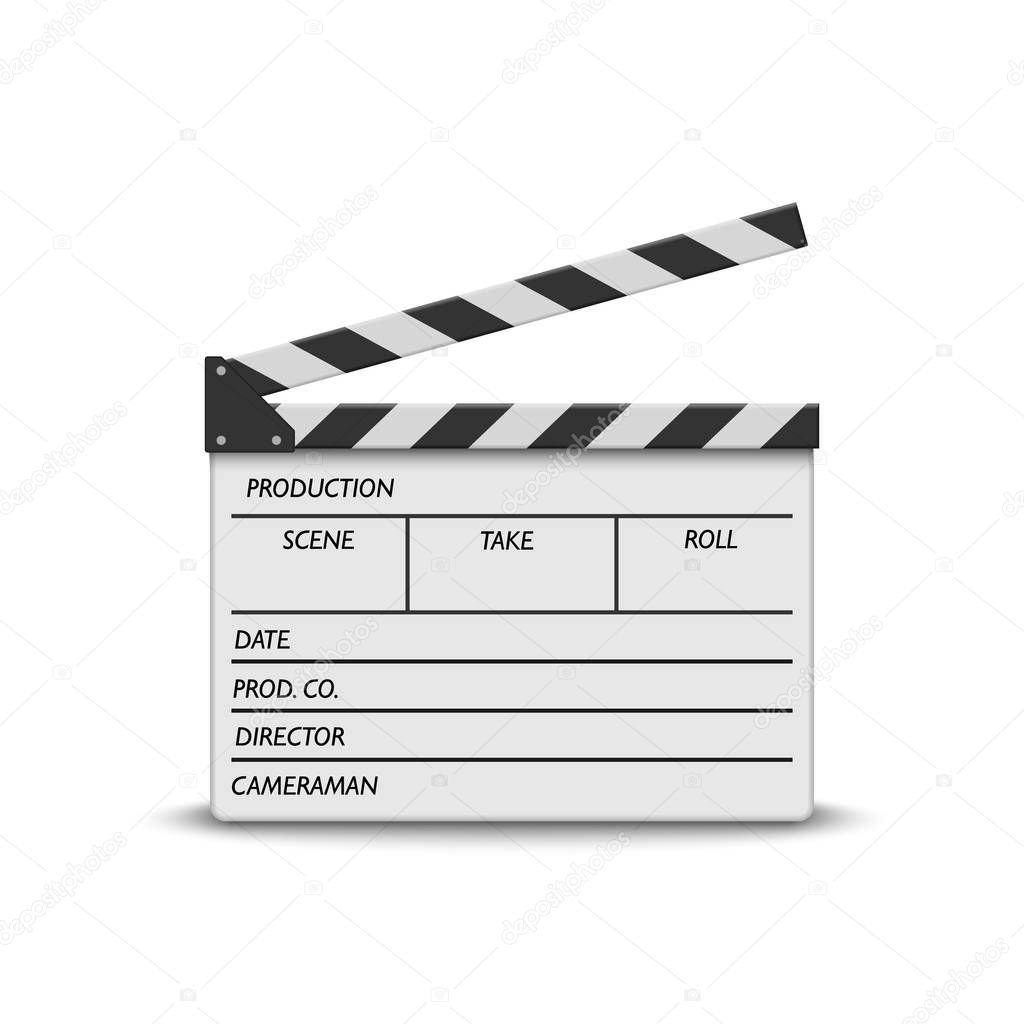 realistic movie clapperboard on white background. White cinema clapper board