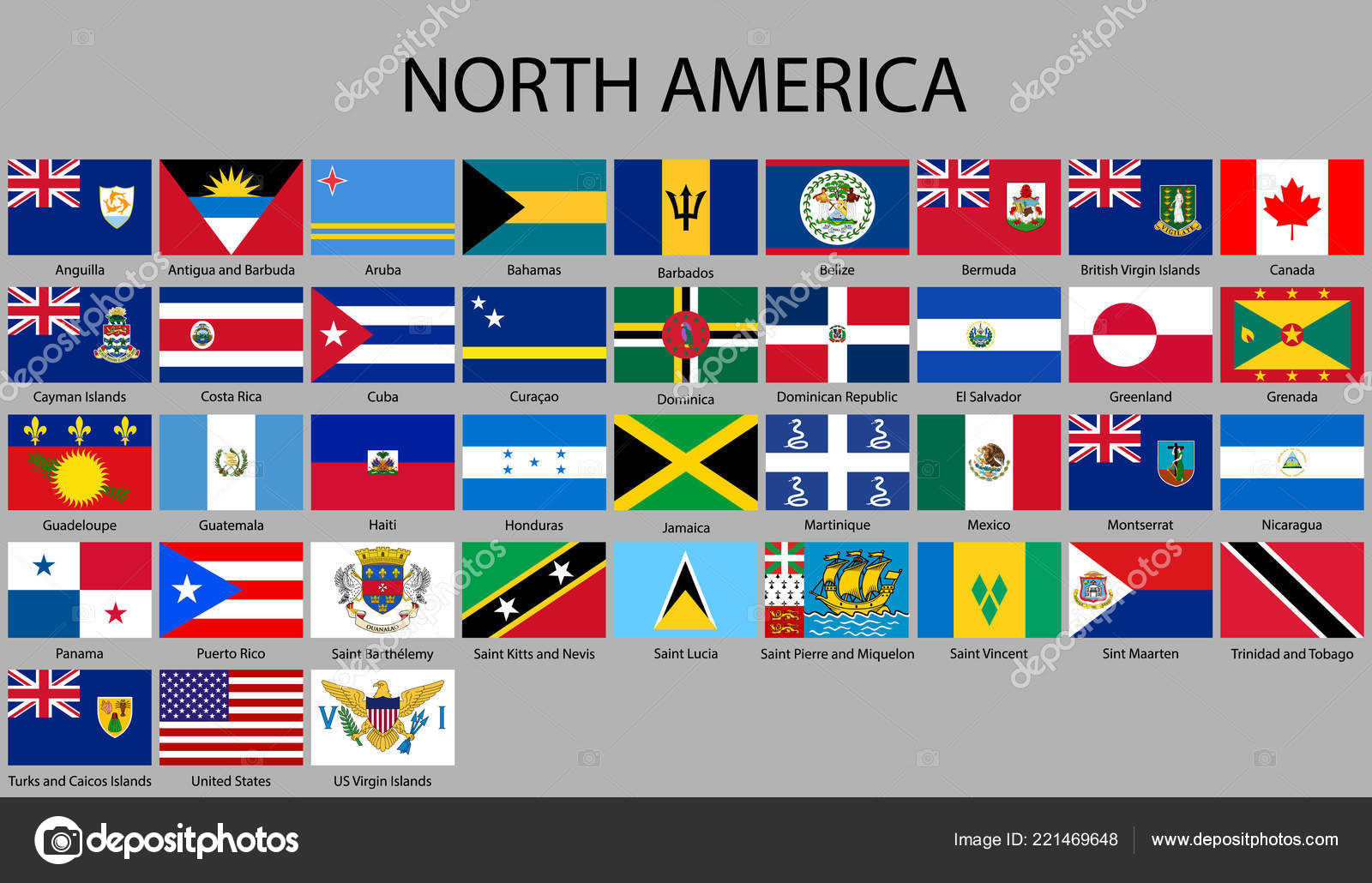 Todas Las Banderas América Del Norte Ilustración Vector Conjunto