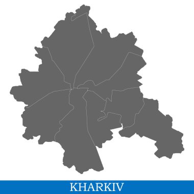 Yüksek kalite Kharkiv Ukrayna, bir şehirde semtlerinden noktalı kenarlıklı haritasıdır