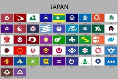Japonya'nın tüm bayraklar iller. Vektör illustraion