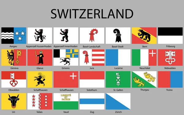 Todas Las Banderas Las Regiones Suiza Ilustración Vectorial — Vector de stock