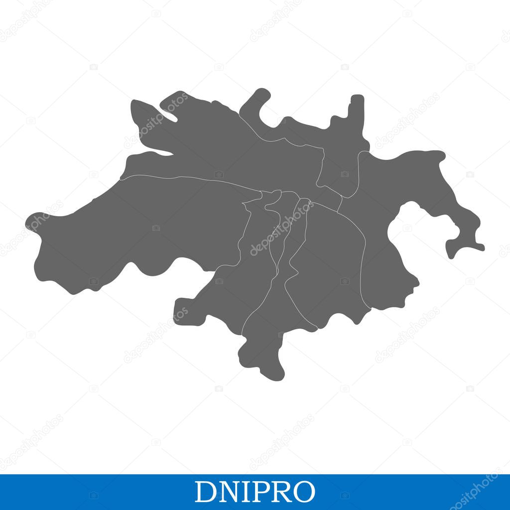 High Quality map of Dnipro is a city in Ukraine, with borders of districts