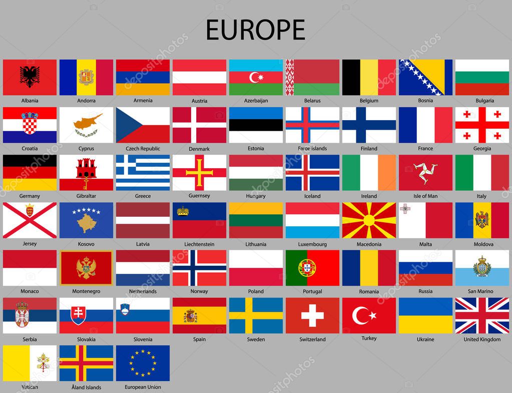 all flags of Europe. Vector Illustration. flag set