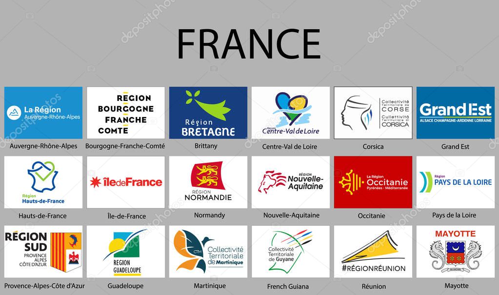 all Flags regions of France. Vector illustraion