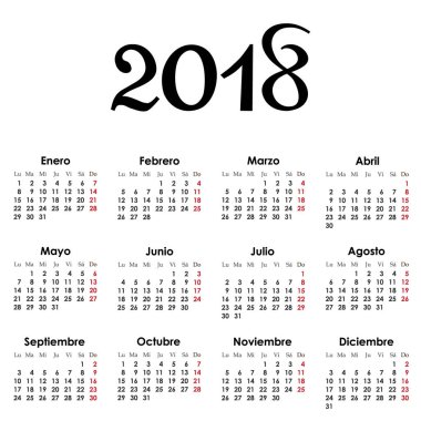 2018 yıl, vektör, illüstrasyon için basit Takvim düzeni