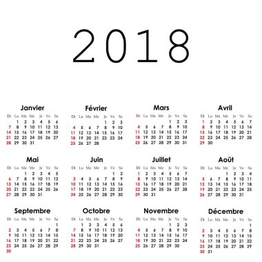 2018 yıl, vektör, illüstrasyon için basit Takvim düzeni