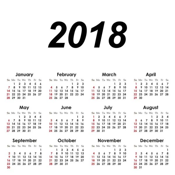 Простий Календар Розкладка 2018 Рік Вектор Ілюстрація — стоковий вектор