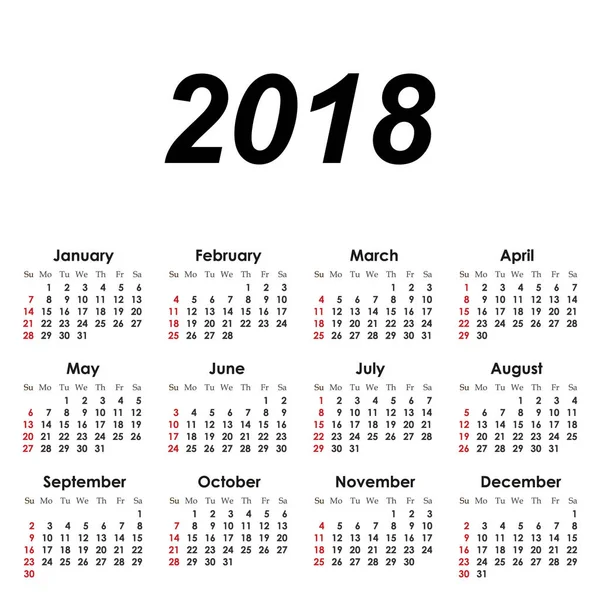 Diseño Calendario Simple Para 2018 Año Vector Ilustración — Vector de stock