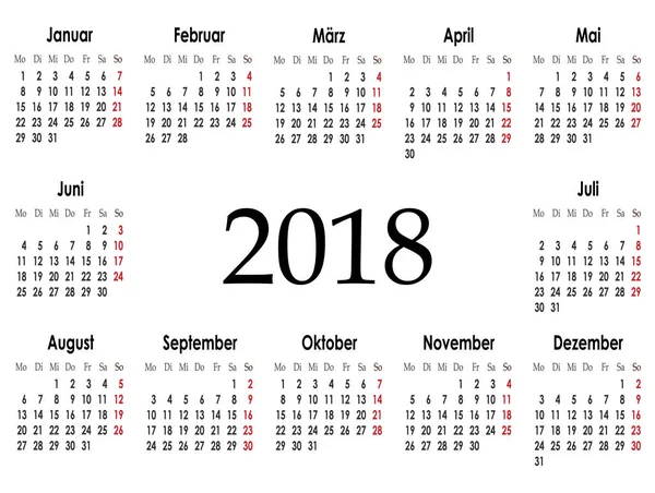 Layout Del Calendario Semplice Anno 2018 Vettore Illustrazione — Vettoriale Stock