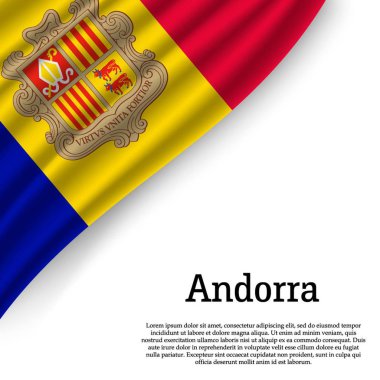 Beyaz arka plan üzerinde Andorra bayrağı sallayarak. Bağımsızlık günü için şablon. vektör çizim