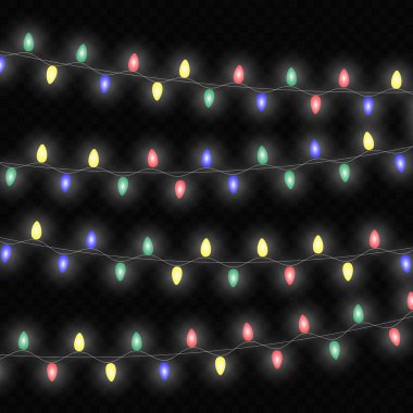 Noel ışıkları izole gerçekçi tasarım öğeleri. Parlayan ışıklar Xmas tatil tebrik kartı tasarımı için. Çelenk.